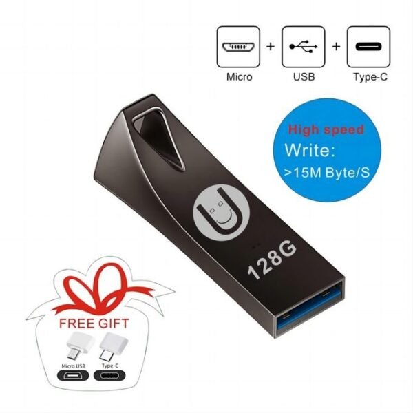 128GB Black Metallic USB 3.1 Flash Drive - Includes Free OTG Adapter & Compatibility with Android and Type-C
