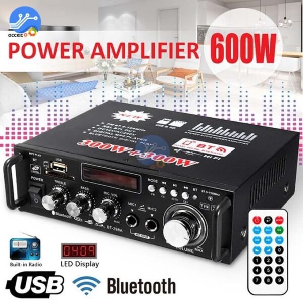 600W Black 2 Channel Hi-Fi Stereo Power Amplifier with Remote Control