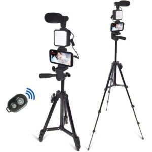 Buy Adjustable Camera and Phone Tripod Stand With LED Light, Microphone and Remote - Black ab