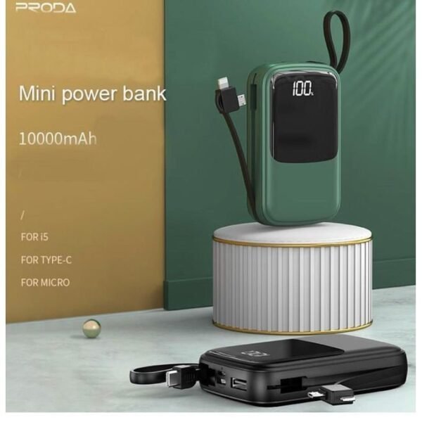 ALL BLACK Mini Power Bank With 3 inbuilt Cables - 10000mAh