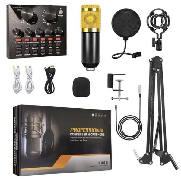 Black Professional Studio Condenser Microphone Kit with V8 Sound Card