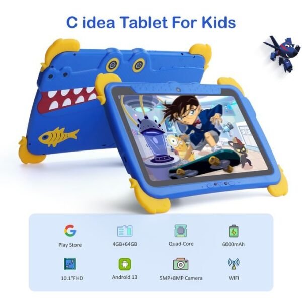 C Idea 10.1 Inch Kids Tablets Android 13 64GB+4GB SIM 6000mAh For Toddler Blue