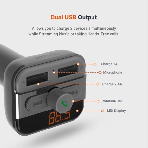 Porodo Black Wireless FM Transmitter with 3.4A Hands-Free Capability in kumasi