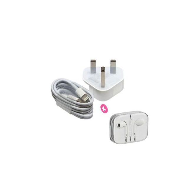White Three-Pin Charger with Brush Earpiece for iPhones