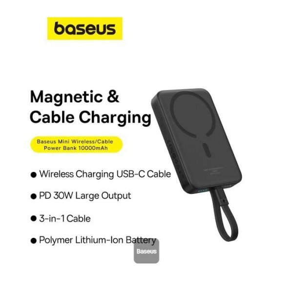 Baseus 10,000mAh Magnetic Mini Wireless Fast Charging Power Bank 30W with Integrated Type-C Cable (Input and Output) - Black